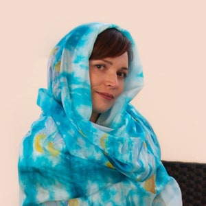 Ready for shipping, Large hand painted silk scarf with chamomile, Delicate blue white silk shawl with wildflowers, Summer silk wrap