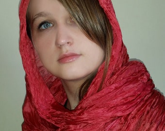 Hand dyed bright red silk scarf, Large silk wrap, Crush crimson silk shawl, Head cover