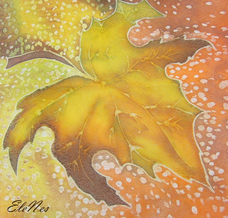 Hand painted orange silk scarf with fall mapple leaves, Autumn leaves handpainted shawl, Fall leaves silk accessory for woman, For order image 6