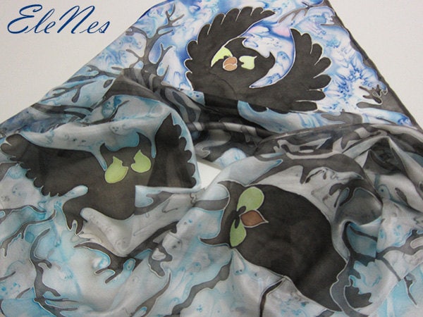 Hand painted silk scarf with black owls, Animal and Bird design handpainted shawl, Black, gray, blue