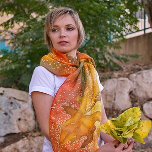 Hand painted orange silk scarf with fall mapple leaves, Autumn leaves handpainted shawl, Fall leaves silk accessory for woman, For order image 3