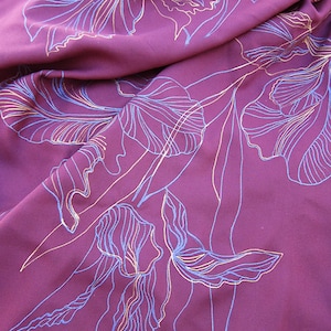 Ready for shipping; Hand painted  artificial silk square scarf with contours of iris flowers; Floral design acetate silk shawl