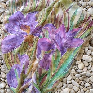 Hand painted silk scarf  with purple iris -  Floral watercolor design silk shawl - Silk accessory with large purple flowers