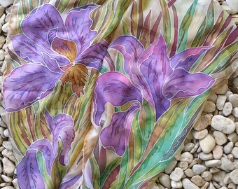 Hand painted silk scarf  with purple iris -  Floral watercolor design silk shawl - Silk accessory with large purple flowers