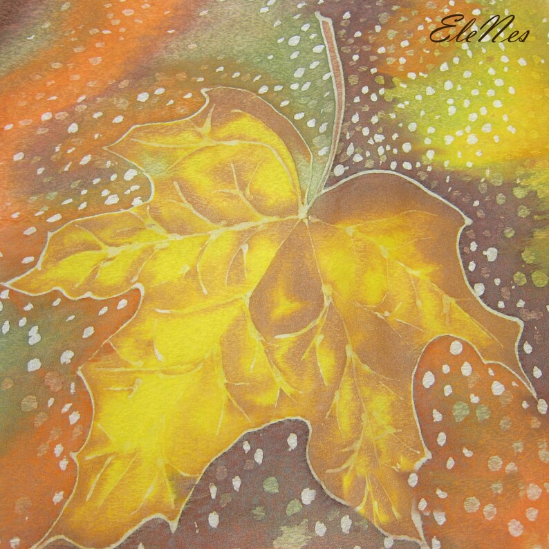 Hand painted orange silk scarf with fall mapple leaves, Autumn leaves handpainted shawl, Fall leaves silk accessory for woman, For order image 5