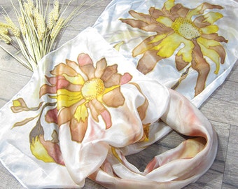 Hand painted silk scarf with large yellow-beige flowers, Handpainted autumn colors sunflower shawl, Floral pattern accessory for women