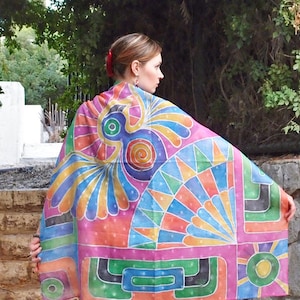 Handpainted artificial silk sarong, Mexican style pareo, Beach accessory for woman, Hand made shawl with Mayan parrot, Mayan folk motifs