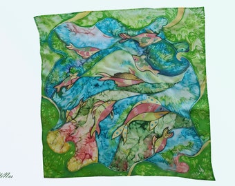 Ready for shipping; Hand painted silk shawl with funny fish; Handpainped square scarf with bright green turquoise orange sea wave pattern