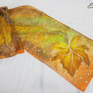 Hand painted orange silk scarf with fall mapple leaves, Autumn leaves handpainted shawl, Fall leaves silk accessory for woman, For order image 10