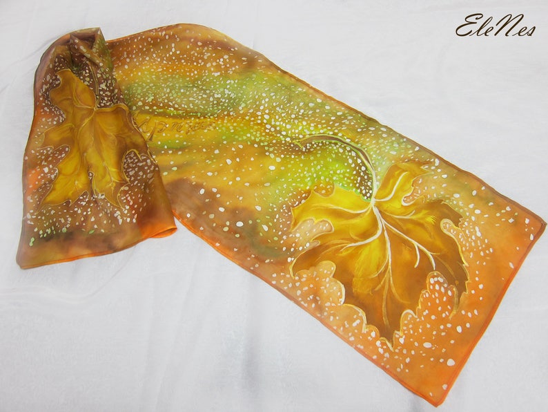 Hand painted orange silk scarf with fall mapple leaves, Autumn leaves handpainted shawl, Fall leaves silk accessory for woman, For order image 10