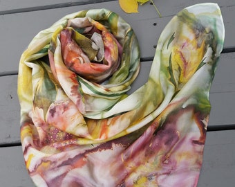 Hand painted silk scarf  with orange green wild flowers, Floral watercolor design handpainted silk shawl, Autumn accessory for women