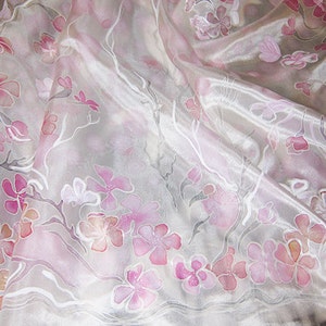 Ready for shipping, Large hand painted silk scarf with sakura, Wedding accessory, Delicate silk shawl with small pink flowers, Bride's veil image 3