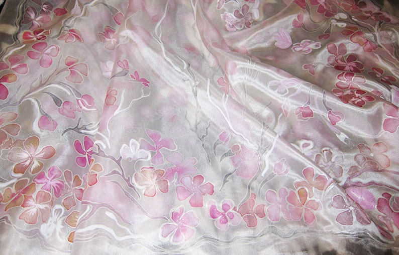 Ready for shipping, Large hand painted silk scarf with sakura, Wedding accessory, Delicate silk shawl with small pink flowers, Bride's veil image 3