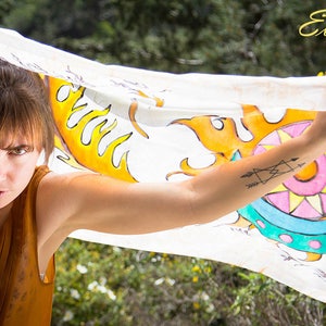 Hand painted large silk scarf in the Mexican style, Handpainted silk shawl with traditional Mexican mask, Symbolic of the sun and moon scarf