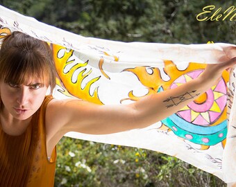 Hand painted large silk scarf in the Mexican style, Handpainted silk shawl with traditional Mexican mask, Symbolic of the sun and moon scarf