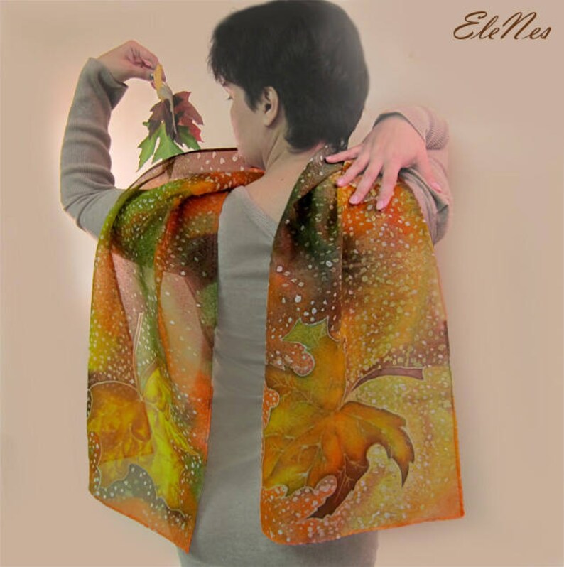 Hand painted orange silk scarf with fall mapple leaves, Autumn leaves handpainted shawl, Fall leaves silk accessory for woman, For order image 1