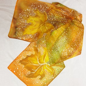 Hand painted orange silk scarf with fall mapple leaves, Autumn leaves handpainted shawl, Fall leaves silk accessory for woman, For order image 9