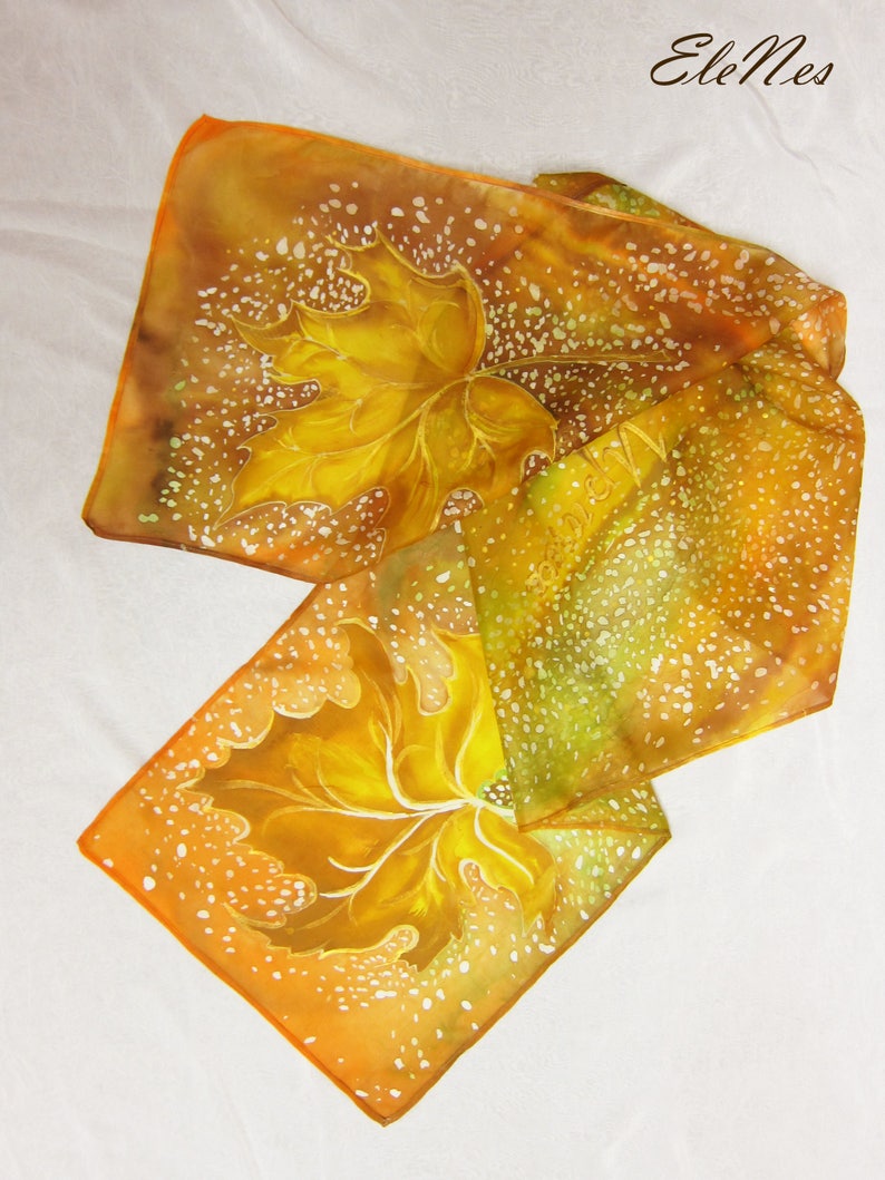 Hand painted orange silk scarf with fall mapple leaves, Autumn leaves handpainted shawl, Fall leaves silk accessory for woman, For order image 9