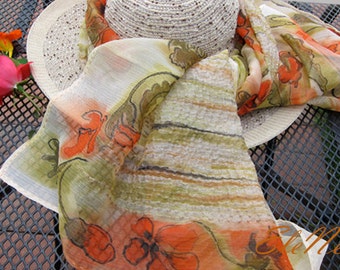 Large handpainted synthetic silk scarf, Hypoallergenic artificial silk shawl with red-orange wild poppies, floral pattern large sarong