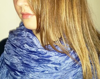 Large boho style bright blue silk scarf , Boho fashion fall accessories, Crush silk shawl, Unisex accessory