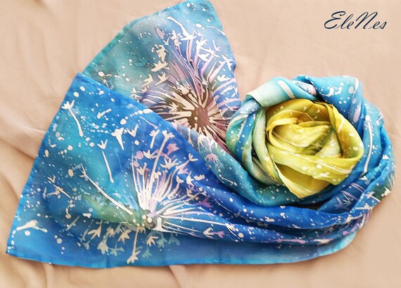 Hand Painted Silk Scarf With Stylized Dandelions, Floral Watercolor Design  Silk Shawl, Silk Accessory With Large White Flower, Hot Batik 