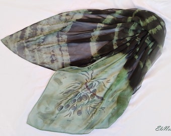 Ready for shipping, Dark green handpainted silk scarf with olive branch, Large square chiffon shawl with natural pattern, Holy Land present