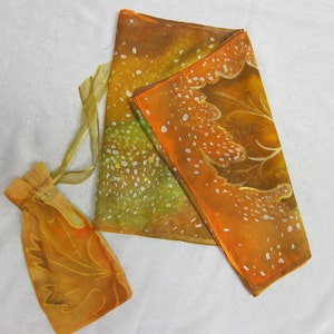 Hand painted orange silk scarf with fall mapple leaves, Autumn leaves handpainted shawl, Fall leaves silk accessory for woman, For order image 7