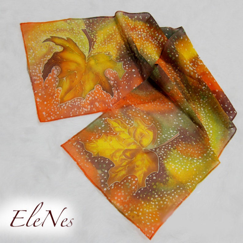 Hand painted orange silk scarf with fall mapple leaves, Autumn leaves handpainted shawl, Fall leaves silk accessory for woman, For order image 2