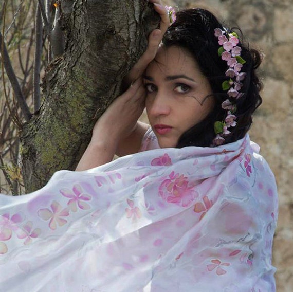 Ready for shipping, Large hand painted silk scarf with sakura, Wedding accessory, Delicate silk shawl with small pink flowers, Bride's veil