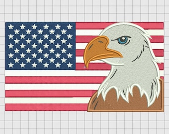 Diseño de bordado de la bandera de los Estados Unidos de América con águila calva en tamaños de 4 x 4, 5 x 7 y 6 x 10
