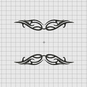 Pode incluir: Dois desenhos negros de estilo tribal, um acima do outro, com um padrão curvo e fluido.