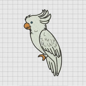 May include: A white cockatoo with a black beak and blue eyes. The cockatoo has a large crest of feathers on its head and is perched on a branch.