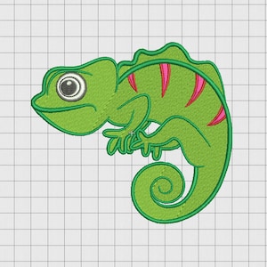 Puede incluir: Un camaleón de dibujos animados verde con una raya rosa en la espalda. El camaleón tiene un ojo grande y redondo y una cola enroscada.