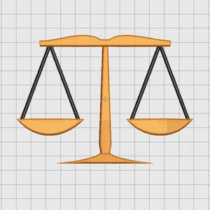 Peut inclure: Une balance de couleur or avec deux bras noirs et deux plateaux de couleur orange. La balance est équilibrée.