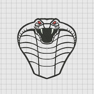May include: Black and white line art illustration of a cobra snake with red eyes. The snake is in a coiled position with its head raised and its mouth open.
