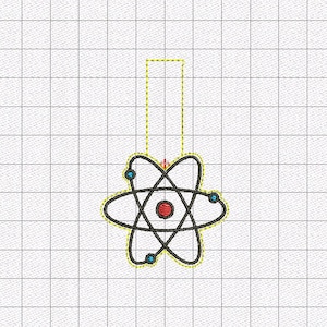 May include: A black and white atom illustration with a red nucleus and blue electrons. The atom is surrounded by a yellow outline.