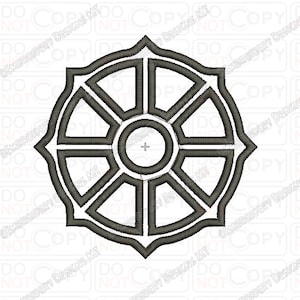Pode incluir: Um desenho circular preto e branco com oito raios e um círculo central. O desenho é simétrico e tem um padrão geométrico.