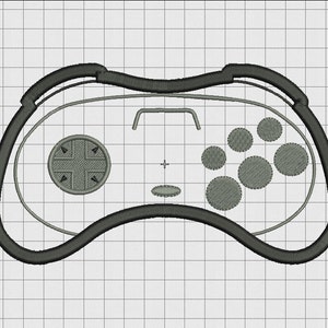 May include: A black and white illustration of a retro video game controller with a directional pad, four buttons, and a start button.