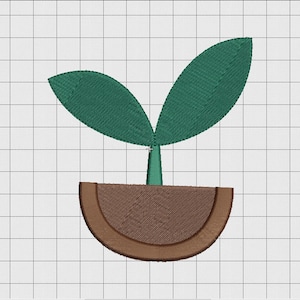 May include: A green plant with two leaves growing out of a brown pot. The pot is half a circle and the plant is in the center of the pot.