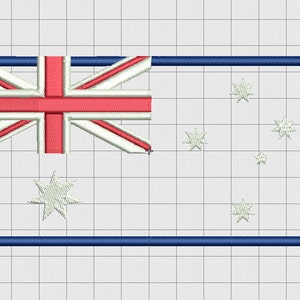 May include: A blue-bordered flag of Australia with a red and white Union Jack in the top left corner and a constellation of white stars in the bottom right corner.