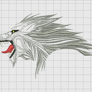 Desenho detalhado de bordado de cabeça de lobo em tamanhos 4x4 e 5x7