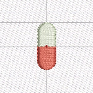 May include: An embroidered design of a capsule-shaped object. The top half is light green, and the bottom half is red-orange. The design is on a grid background.