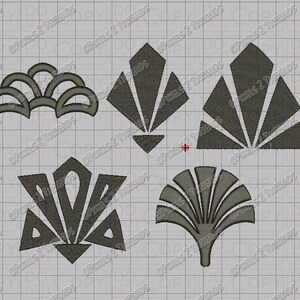 Könnte beinhalten: Fünf verschiedene geometrische Designs in grauer Farbe. Die Designs sind stilisierte Darstellungen von Fächer oder Blättern.