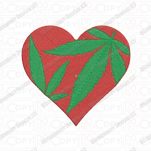Heart Marijuana Cannabis Leaf Embroidery Design in 2x2 3x3 4x4 and 5x5 Sizes