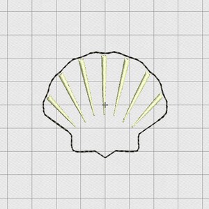 May include: A black outline of a seashell with a white interior. The shell has seven white lines radiating from the center.