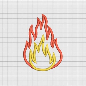 May include: An embroidered design of a flame in red and yellow. The flame is outlined in red with a yellow flame inside. The design is on a grid background.