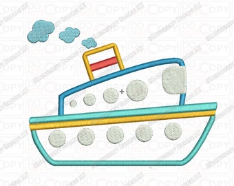Tug Boat 3 Layer Applique Embroidery Design in 4x4 and 5x7 Sizes