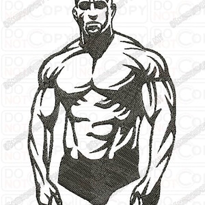 May include: Black and white illustration of a muscular man with a shaved head wearing sunglasses.