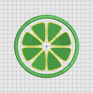 May include: A green lime slice with a yellow outline, depicted in a stylized, embroidered design.