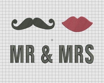 Mr. and Mrs. Moustache Lips Wedding Announcement Embroidery Design in 4x4 5x7 and 6x10 Sizes